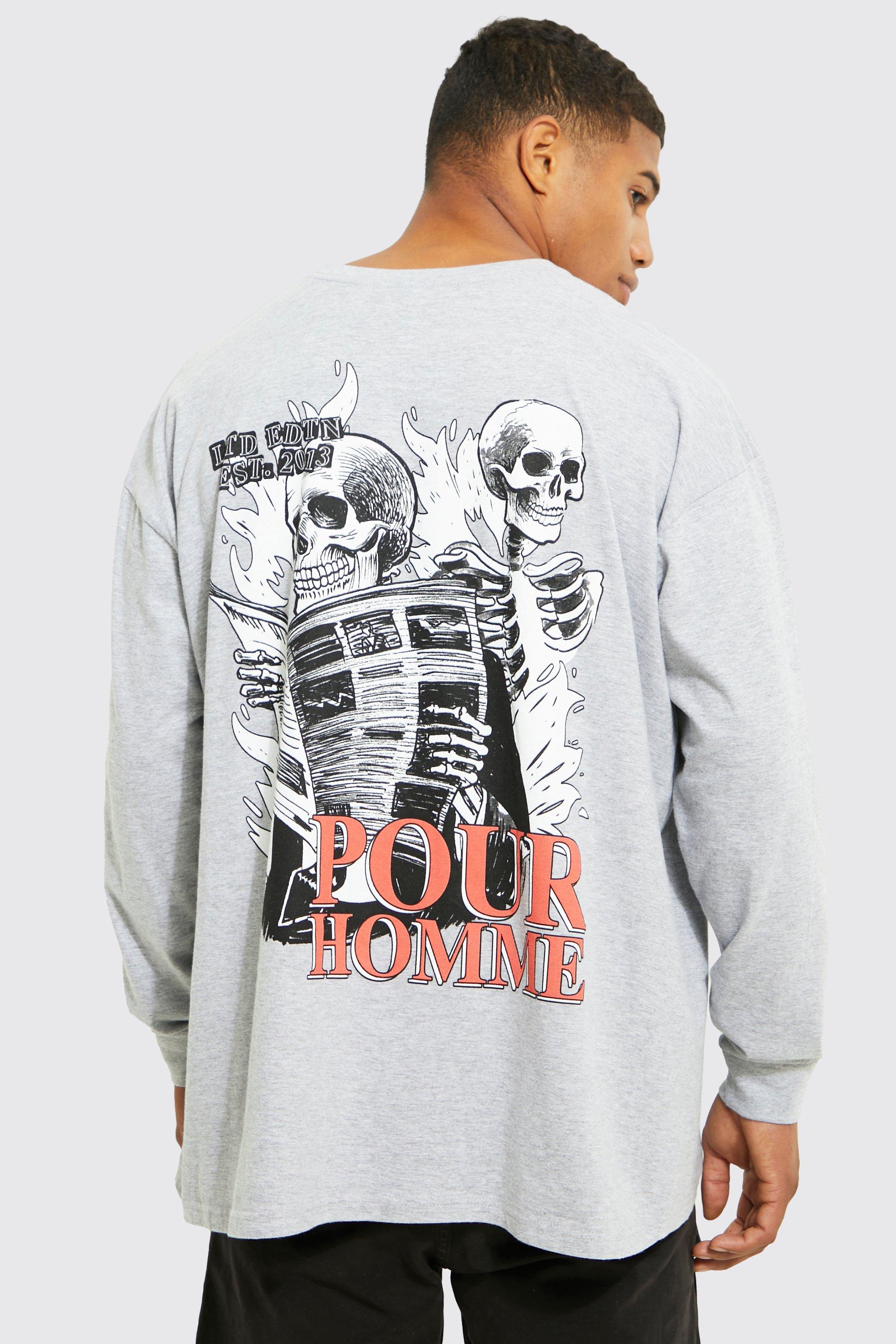 Mens Grey Oversized Long Sleeve Skull Graphic T-shirt, Grey